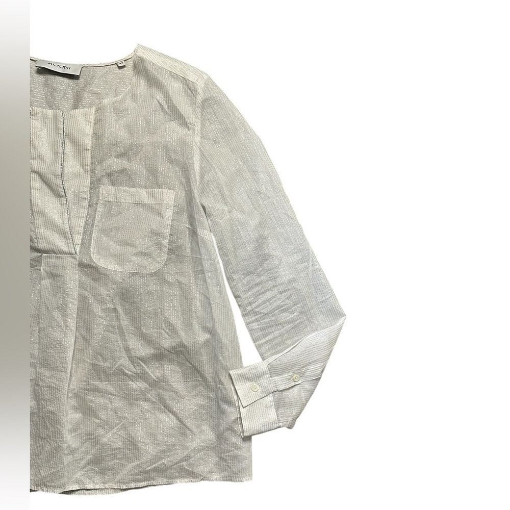 Aglini White Cotton SilkSilver Thread White Long Sleeve Blouse SZ 6 - Picture 3 of 7